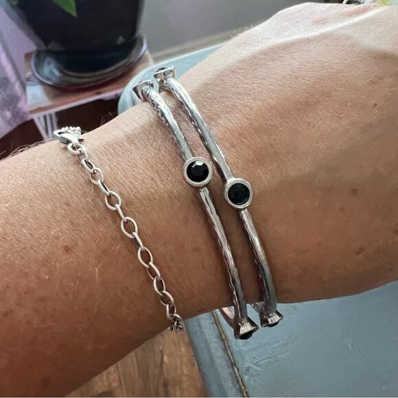 Silver Tone & Stone Bangle Bracelets Set of 2 - Picture 6 of 7